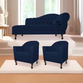 Kit Diva Recamier Diana 160cm Lado Esquerdo e 02 Poltronas Julia Suede Azul Marinho