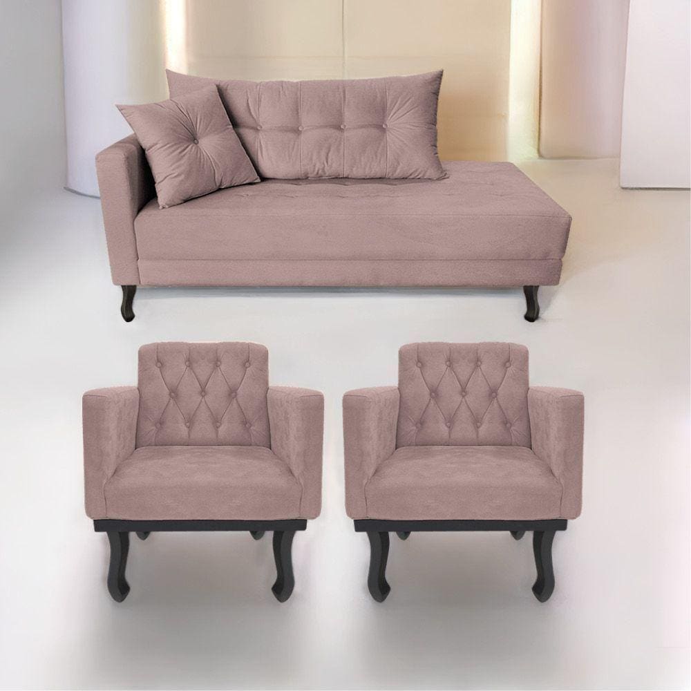 Kit Diva Recamier Azura 185Cm Lado Direito E 02 Poltronas Classic Linho - Doce Sonho Móveis Rosê