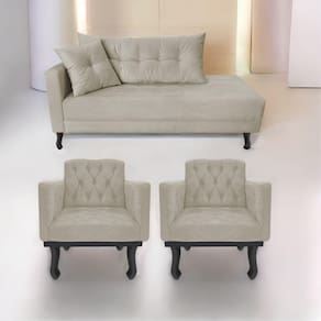 Kit Diva Recamier Azura 160cm Lado Direito e 02 Poltronas Classic Linho Bege
