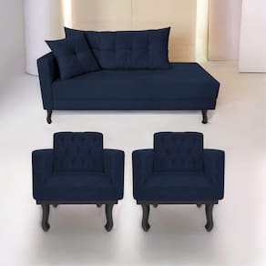 Kit Diva Recamier Azura 160cm Lado Direito e 02 Poltronas Classic Suede Azulmarinho