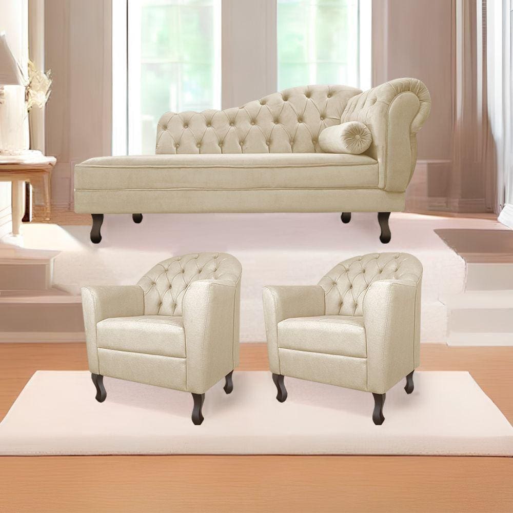 Kit Diva Recamier Diana 140cm Lado Esquerdo e 02 Poltronas Julia Corano Bege