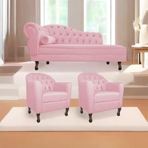 Kit Diva Recamier Diana 130Cm Lado Direito E 02 Poltronas Julia Suede - Doce Sonho Móveis Rosa Bebê