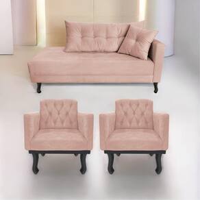 Kit Diva Recamier Azura 140cm Lado Esquerdo e 02 Poltronas Classic Suede Rosê