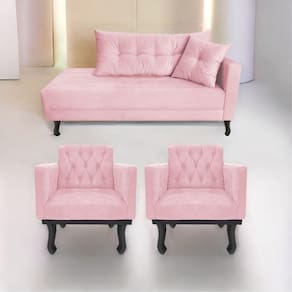 Kit Diva Recamier Azura 140cm Lado Direito e 02 Poltronas Classic Suede Rosabebê