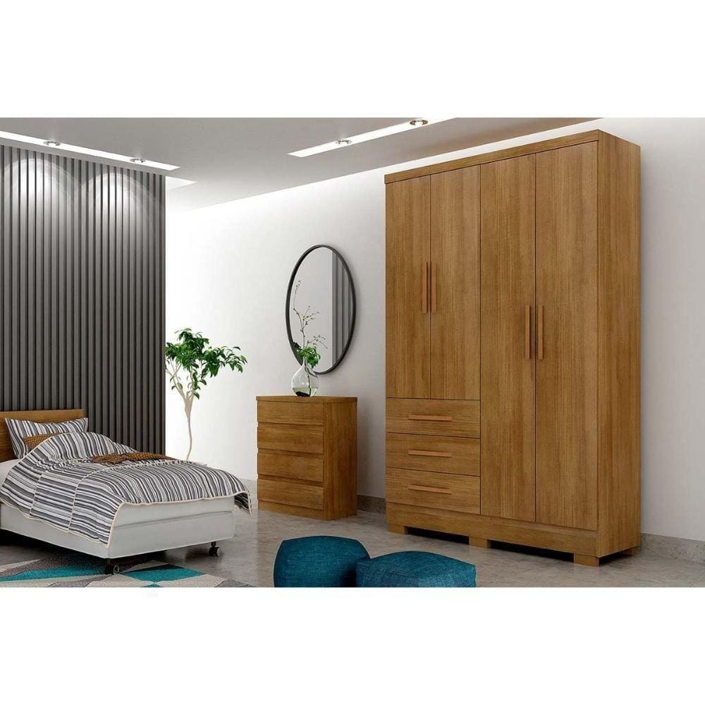 Guarda Roupa 4 Portas Encant 3 Gavetas C-espelho E Pés Freijo Cumaru - Novo Horizonte