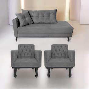 Kit Diva Recamier Azura 160Cm Lado Direito E 02 Poltronas Classic Suede - Doce Sonho Móveis Cinza
