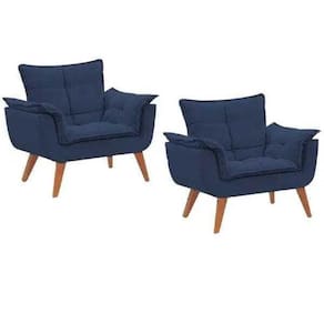 Kit 2 Poltronas Opalas Com Puff Redondo Suede Azul Marinho