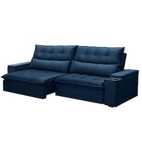 Sofá Retrátil E Reclinável 3 Lugares 210cm Robem Porta Copos No Braço Veludo Azul G22 - Gran Belo