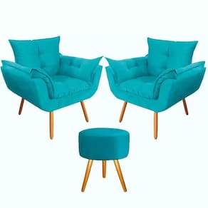 Kit 2 Poltronas Opalas + Puff Redondo Suede Azul Tiffany