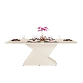 Mesa De Sala Jantar Zafira + Tampo Madeirado Vidro Curvo 200x100cm Off White - Dj Móveis