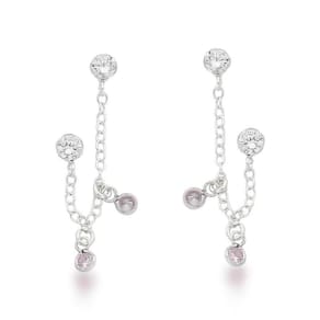Brinco Duplo Com Duas Zirconias Rosa Prata 925