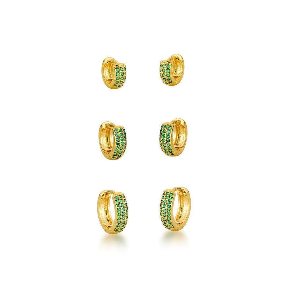 Kit Brincos Argolas Cravejadas Com Zirconias Banhadas A Ouro 18k - Verde