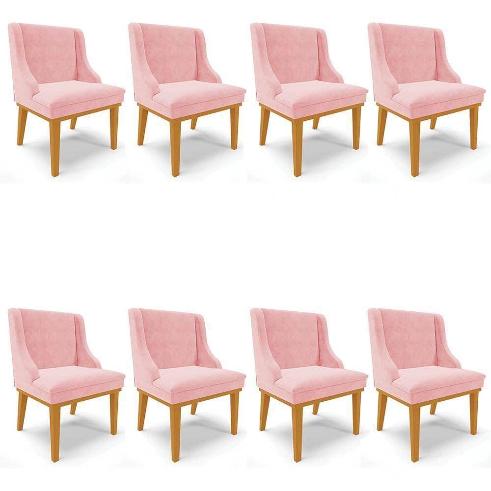 Kit 8 Cadeiras Estofadas Para Sala De Jantar Castanho Lia Suede Rosa Bebê - Ibiza