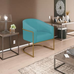 Poltrona Decorativa Luiza Base De Ferro Dourado Suede Azul Turquesa