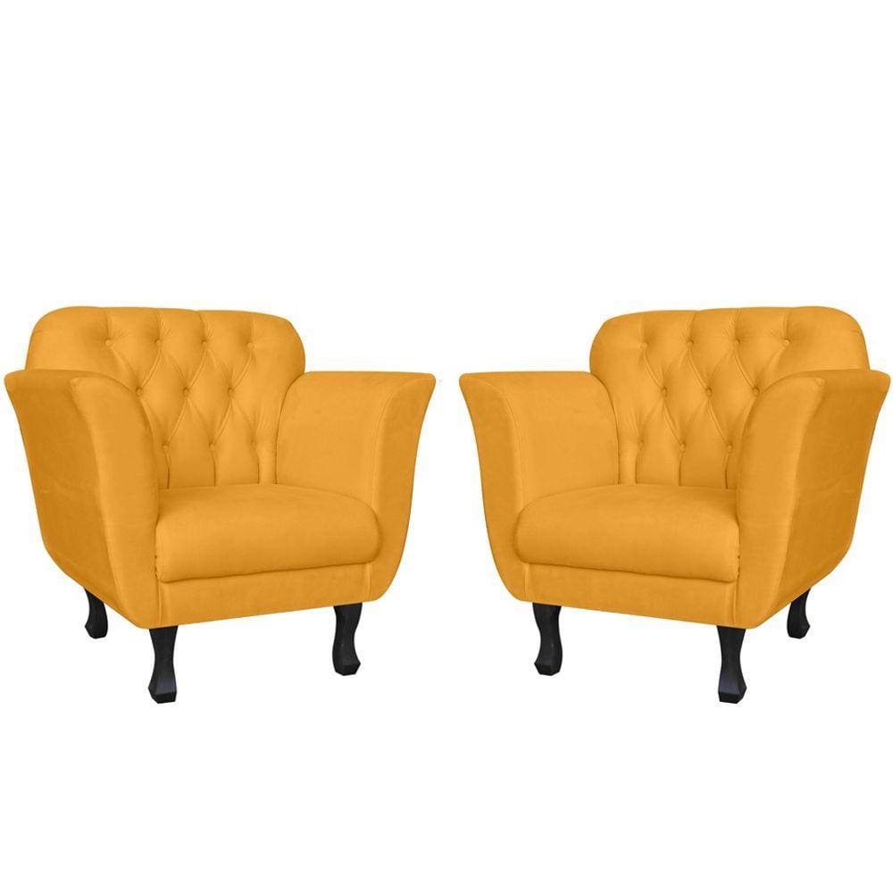 Kit 2 Poltronas Decorativa Dália Couro Amarelo Pés Madeira Mz Decor