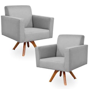 Kit 02 Poltronas Decorativas Giratória Sala Estar Base Madeira Helô Linho Cinza Escuro