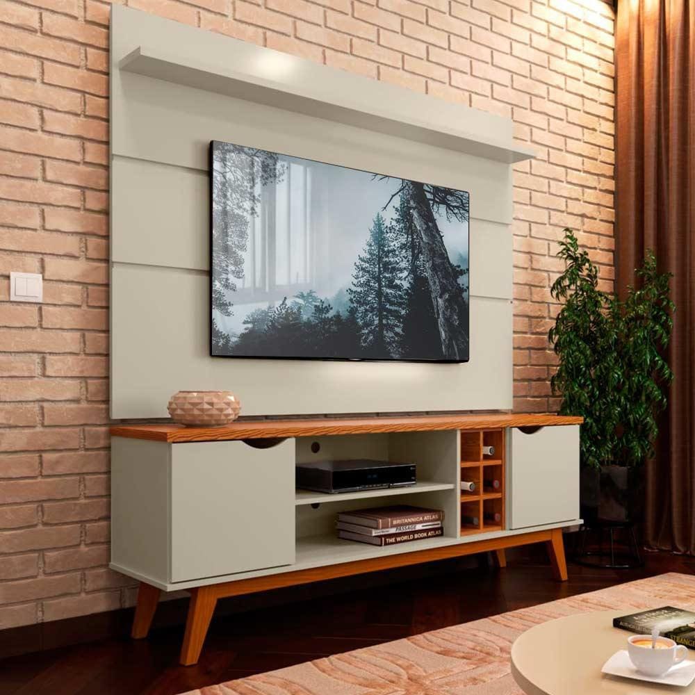 Rack Com Painel Para TV 60 Polegadas Off White Cumaru Prism Patrimar - Bege