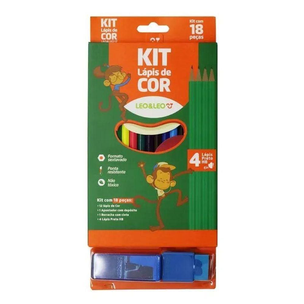 Kit 12 Lápis de Cor 4 Lápis HB Borracha Apontador Leo&Leo