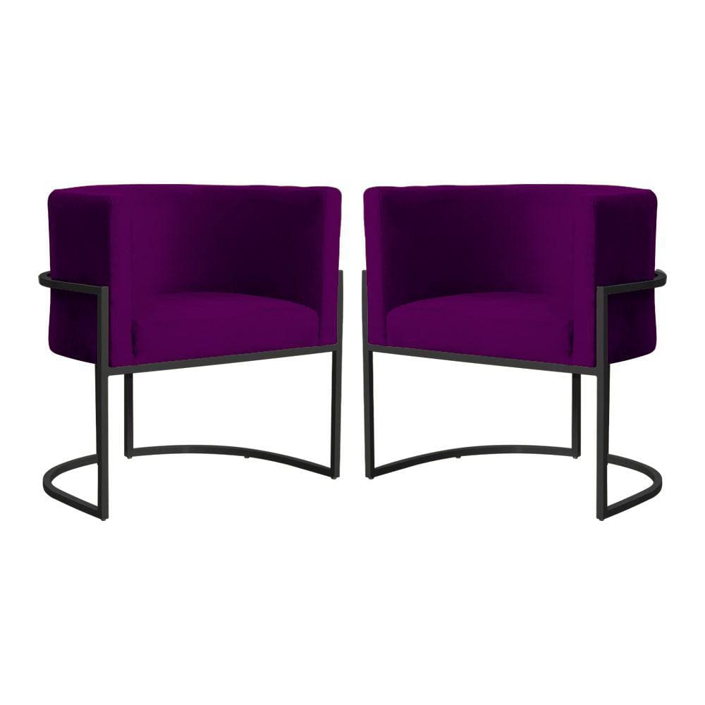 Kit 2 Poltronas Decorativa Luana Veludo Roxo Base Preta Mz Decor