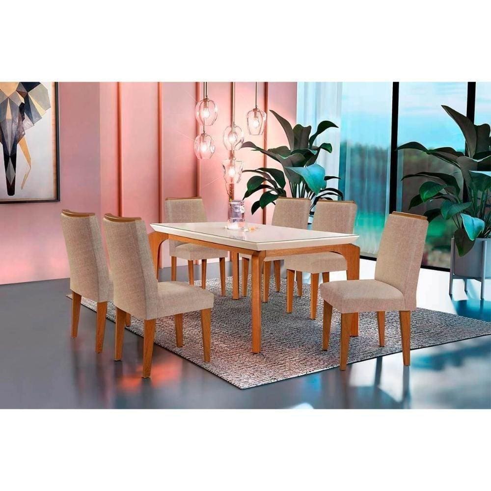 Kit Mesa Londrina Tampo Vidro 180cm + 6 Cadeiras Lunara Imbuia Linho Esmeralda