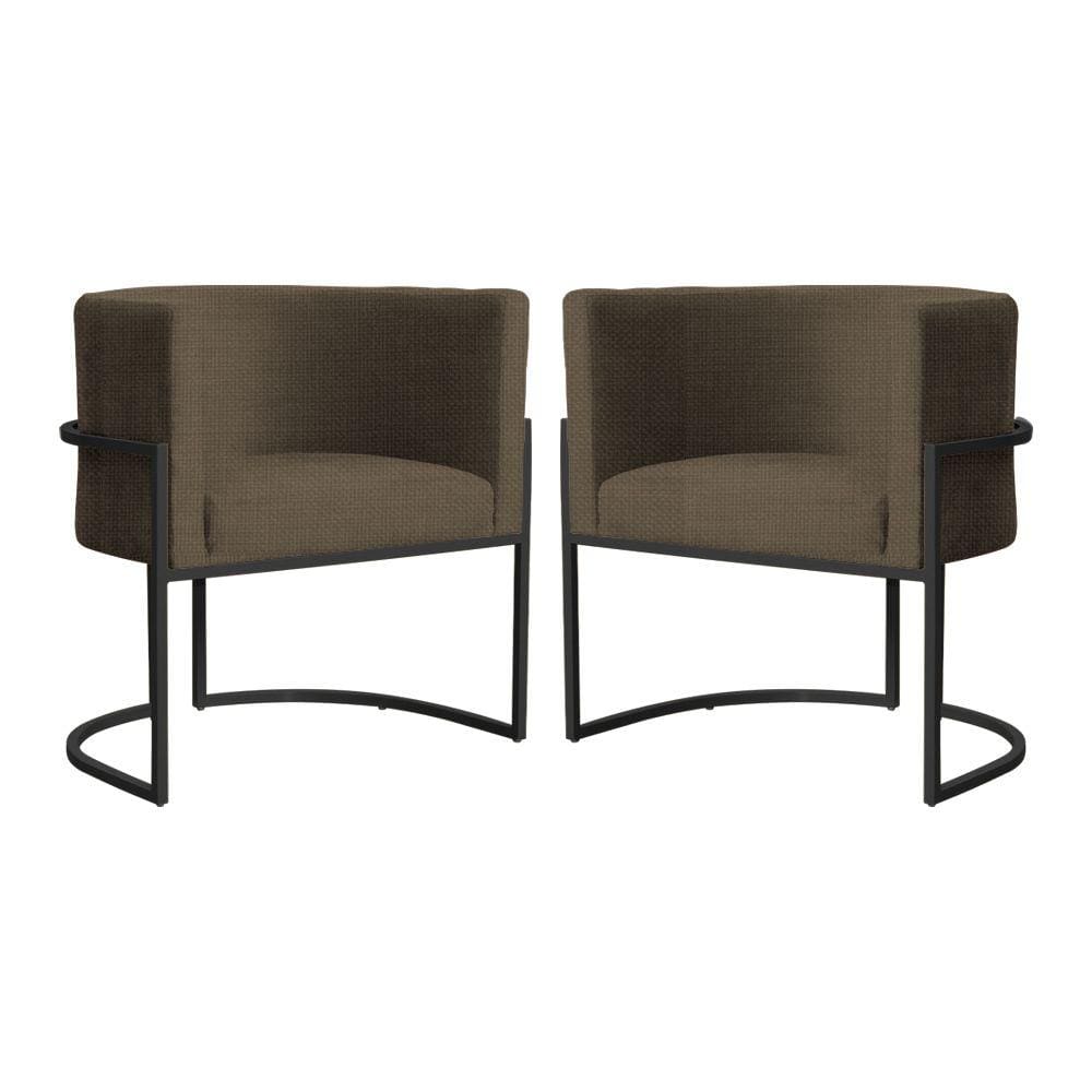 Kit 2 Poltronas Decorativa Luana Linho Marrom Base Preta Mz Decor