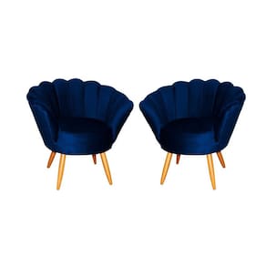 Kit 2 Poltronas Decorativa Pétala Veludo Azul Marinho Pés Madeira Mz Decor