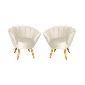 Kit 2 Poltronas Decorativa Pétala Veludo Bege Pés Madeira Mz Decor