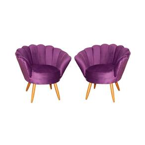 Kit 2 Poltronas Decorativa Pétala Veludo Roxo Pés Madeira Mz Decor