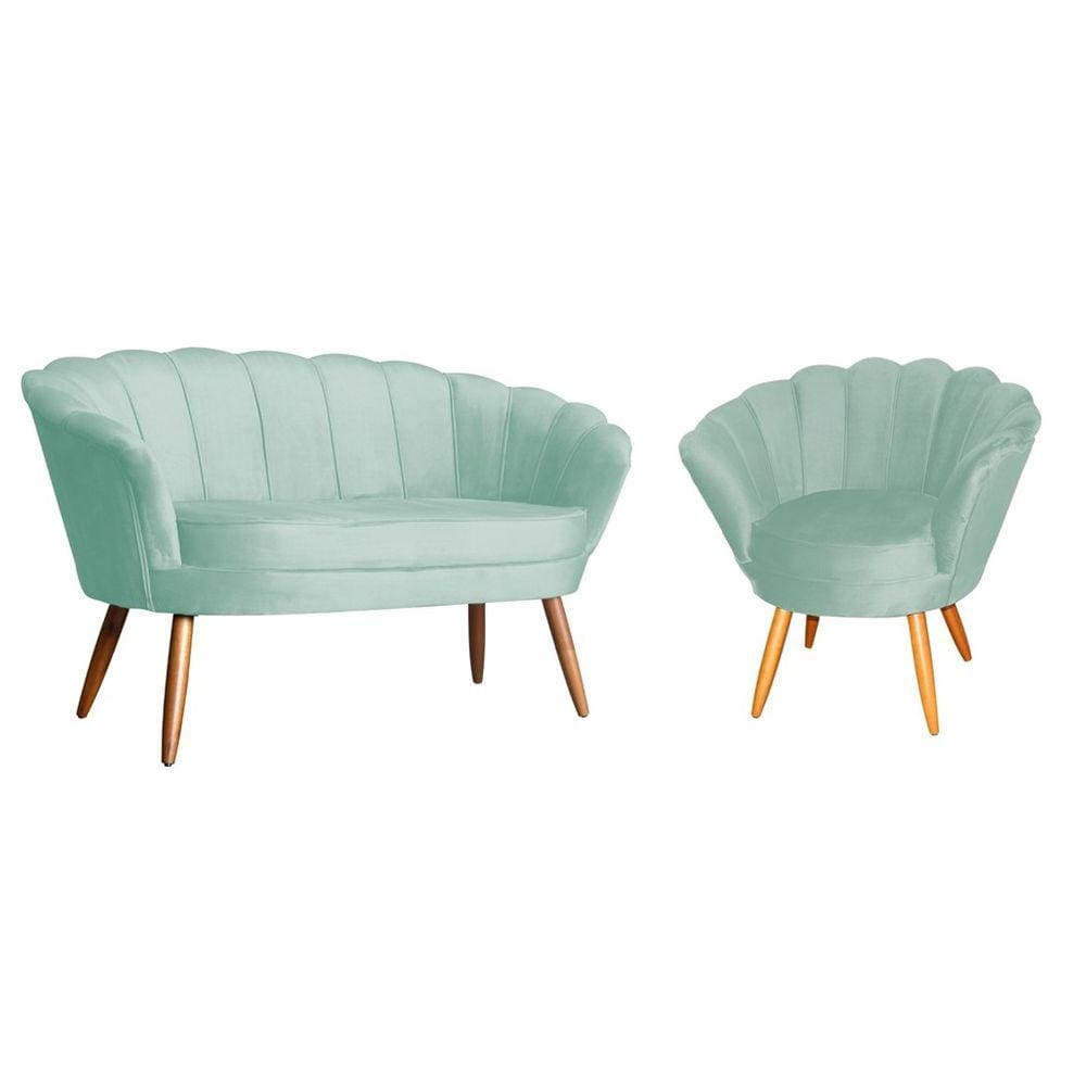Kit Namoradeira + 1 Poltrona Decorativa Pétala Veludo Acqua Pés Madeira Mz Decor