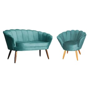 Kit Namoradeira + 1 Poltrona Decorativa Pétala Veludo Azul Tiffany Pés Madeira Mz Decor