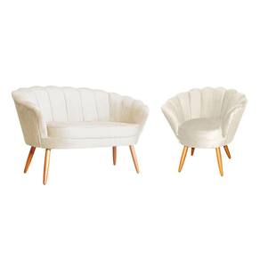 Kit Namoradeira + 1 Poltrona Decorativa Pétala Veludo Bege Pés Madeira Mz Decor