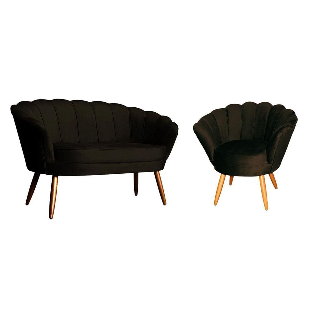 Kit Namoradeira + 1 Poltrona Decorativa Pétala Veludo Marrom Pés Madeira Mz Decor