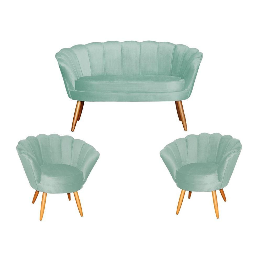 Kit Namoradeira + 2 Poltronas Decorativa Pétala Veludo Acqua Pés Madeira Mz Decor