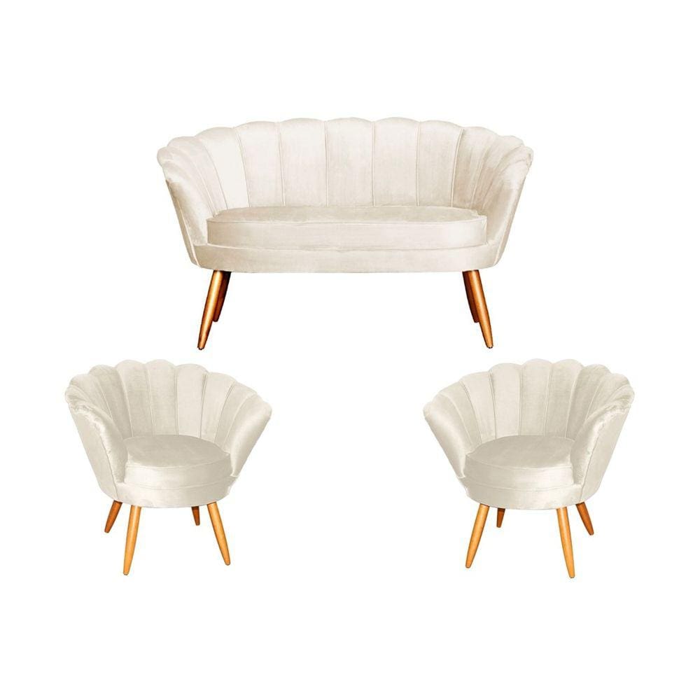 Kit Namoradeira + 2 Poltronas Decorativa Pétala Veludo Bege Pés Madeira Mz Decor