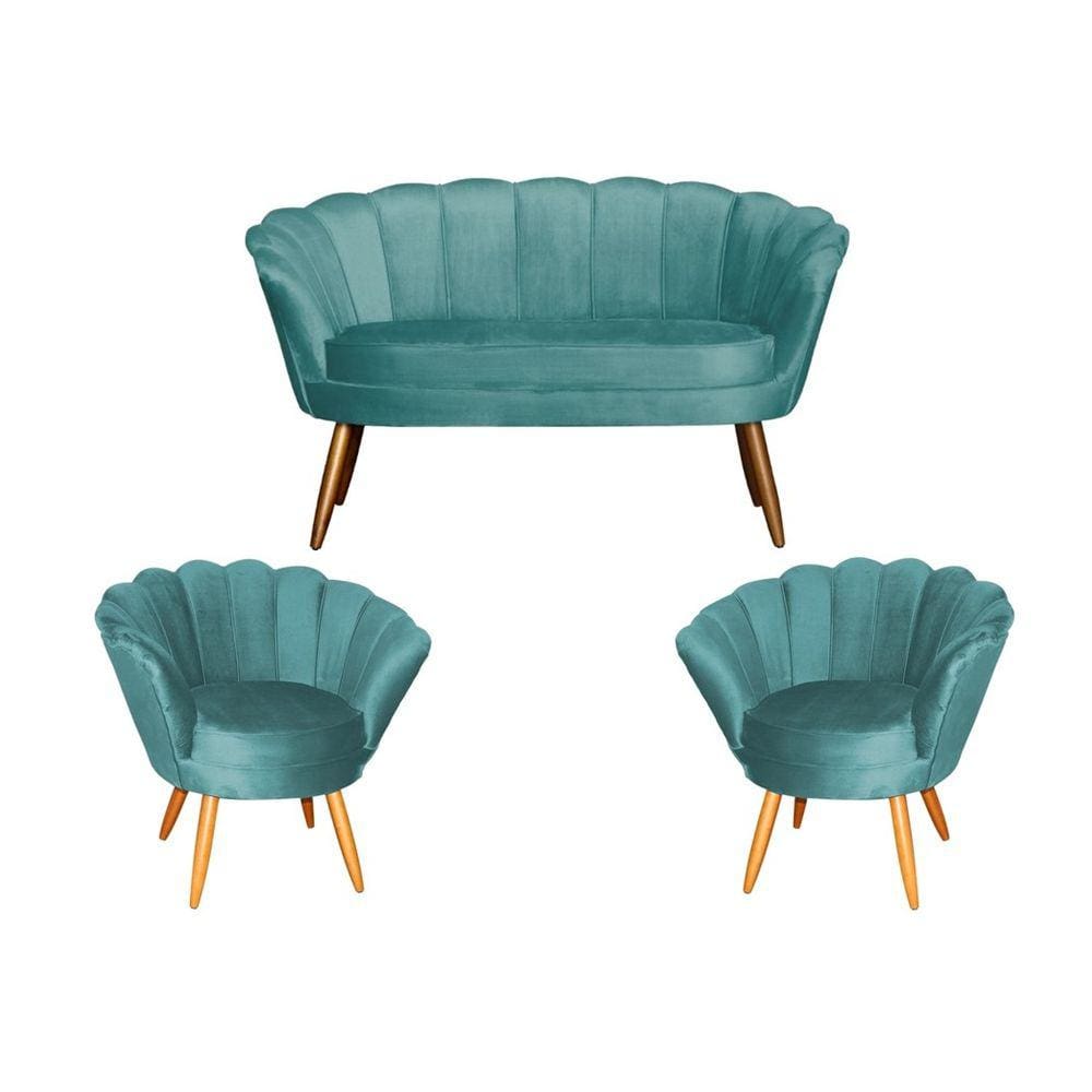 Kit Namoradeira + 2 Poltronas Decorativa Pétala Veludo Azul Tiffany Pés Madeira Mz Decor