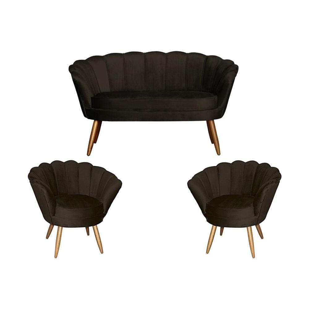 Kit Namoradeira + 2 Poltronas Decorativa Pétala Veludo Marrom Pés Madeira Mz Decor