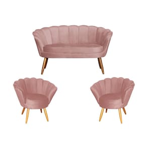 Kit Namoradeira + 2 Poltronas Decorativa Pétala Veludo Rosa Pés Madeira Mz Decor