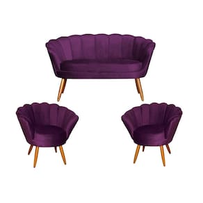 Kit Namoradeira + 2 Poltronas Decorativa Pétala Veludo Roxo Pés Madeira Mz Decor