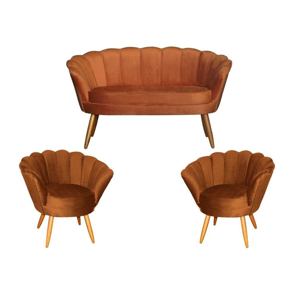 Kit Namoradeira + 2 Poltronas Decorativa Pétala Veludo Terracota Pés Madeira Mz Decor