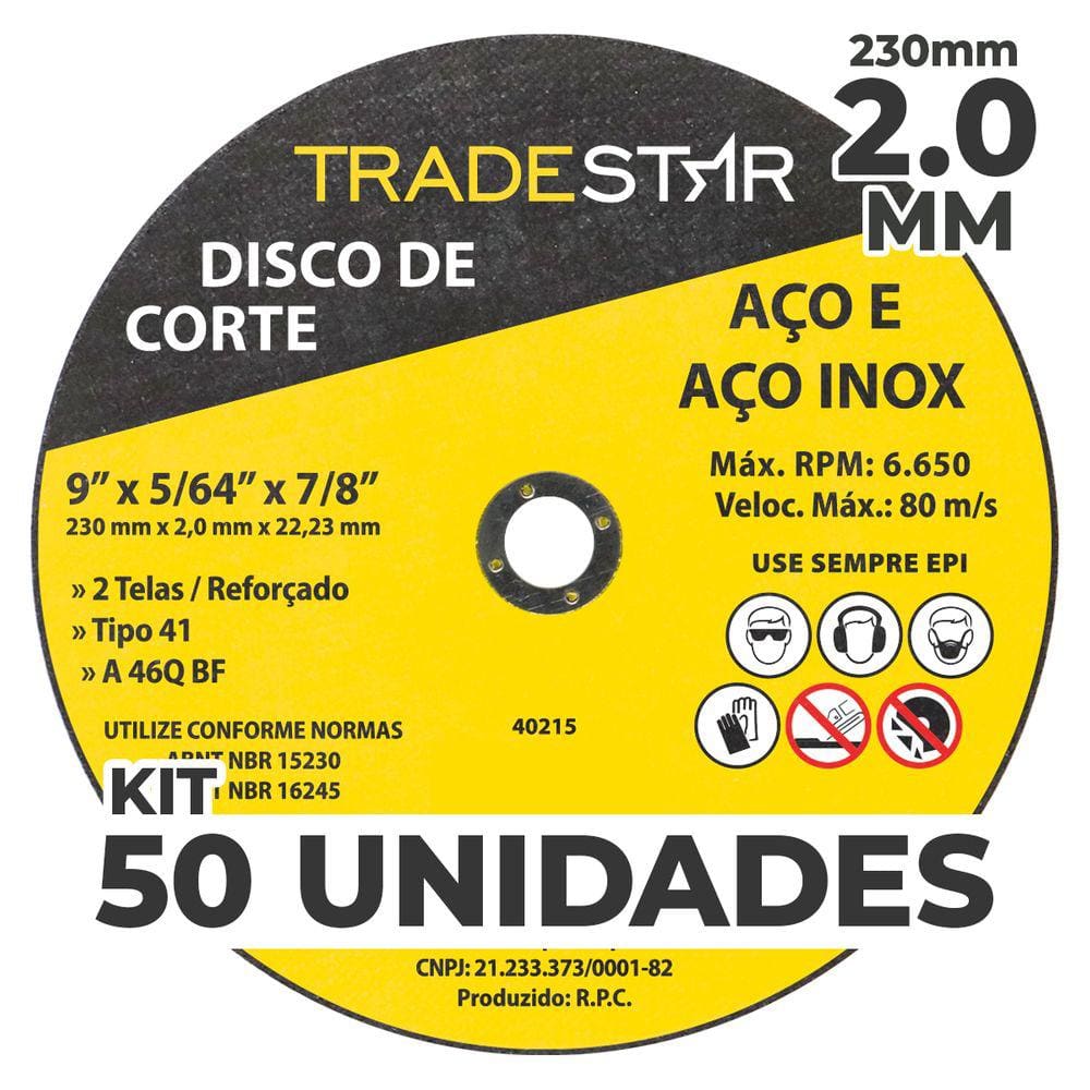 Kit c/ 50 Disco de Corte Metal 9” 230x2,0 mm Furo 22/23 mm