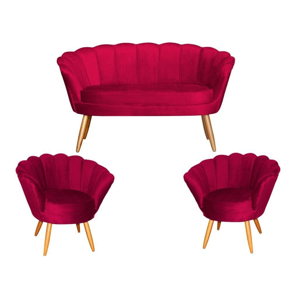 Kit Namoradeira + 2 Poltronas Decorativa Pétala Veludo Vermelho Pés Madeira Mz Decor
