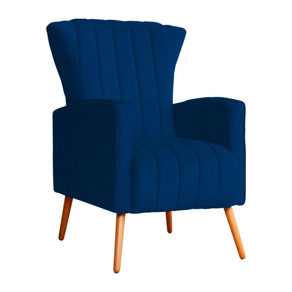 Poltrona Decorativa Melinda Suede Azul Marinho Pés Madeira Mz Decor