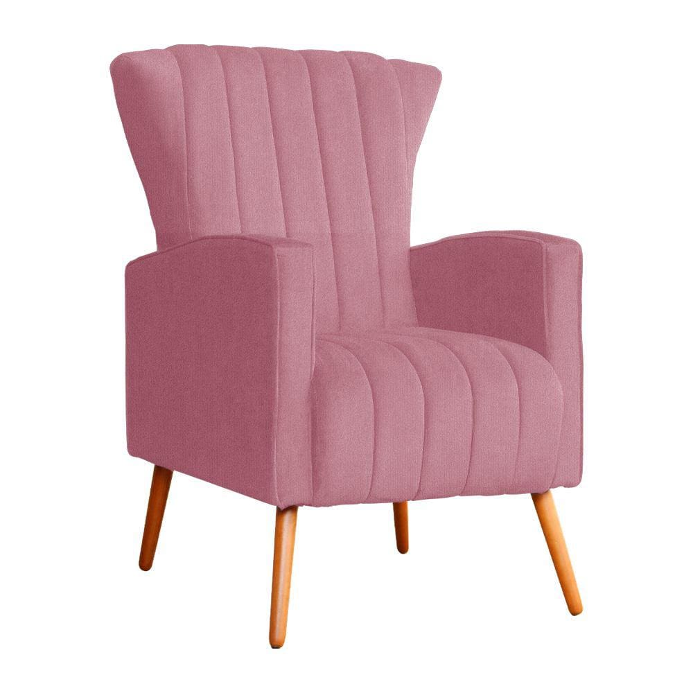Poltrona Decorativa Melinda Suede Rosa Pés Madeira Mz Decor