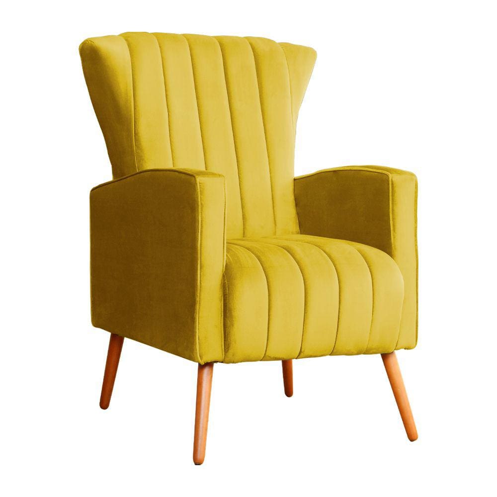 Poltrona Decorativa Melinda Veludo Amarelo Pés Madeira Mz Decor
