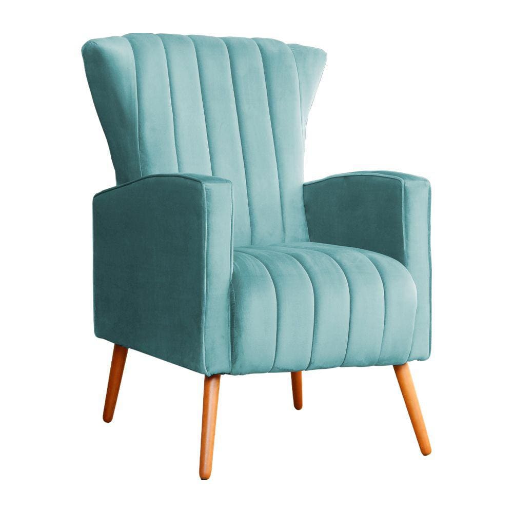 Poltrona Decorativa Melinda Veludo Azul Tiffany Pés Madeira Mz Decor