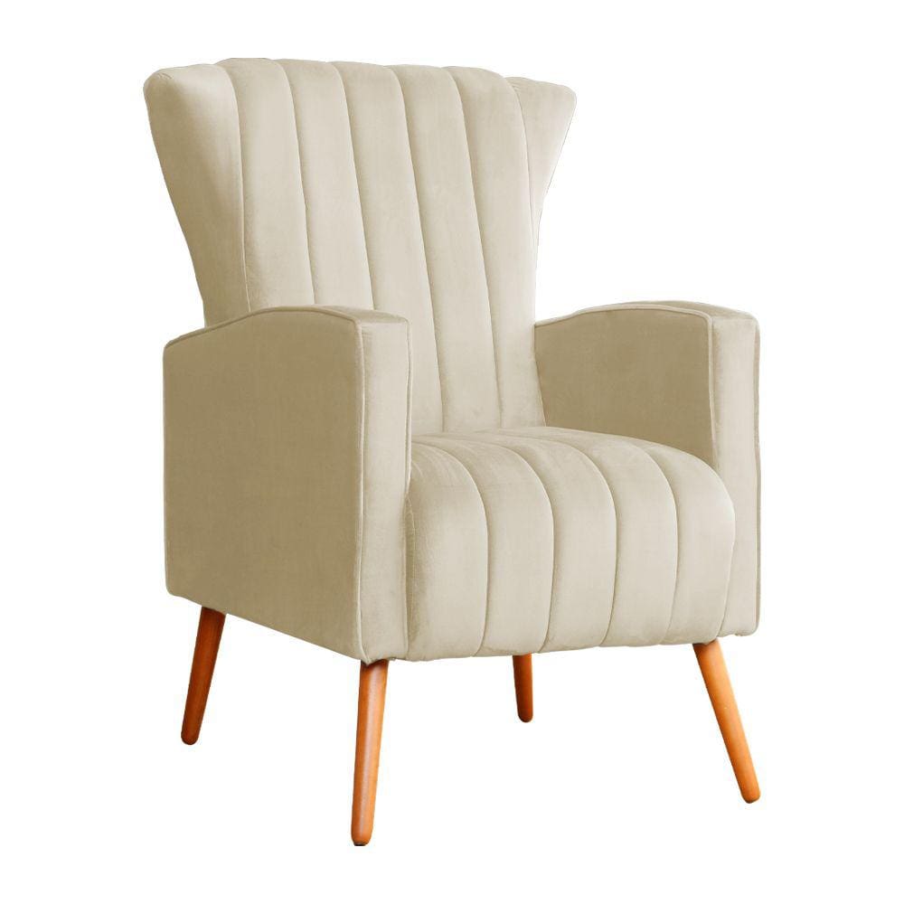 Poltrona Decorativa Melinda Veludo Bege Pés Madeira Mz Decor