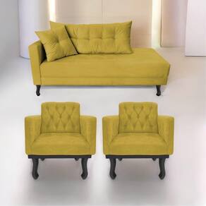 Kit Diva Recamier Azura 185Cm Lado Direito E 02 Poltronas Classic Suede - Doce Sonho Móveis Amarelo