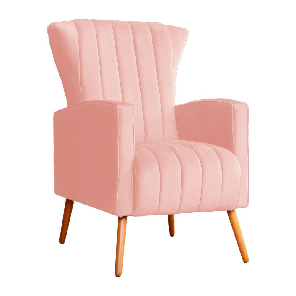 Poltrona Decorativa Melinda Veludo Rosa Pés Madeira Mz Decor