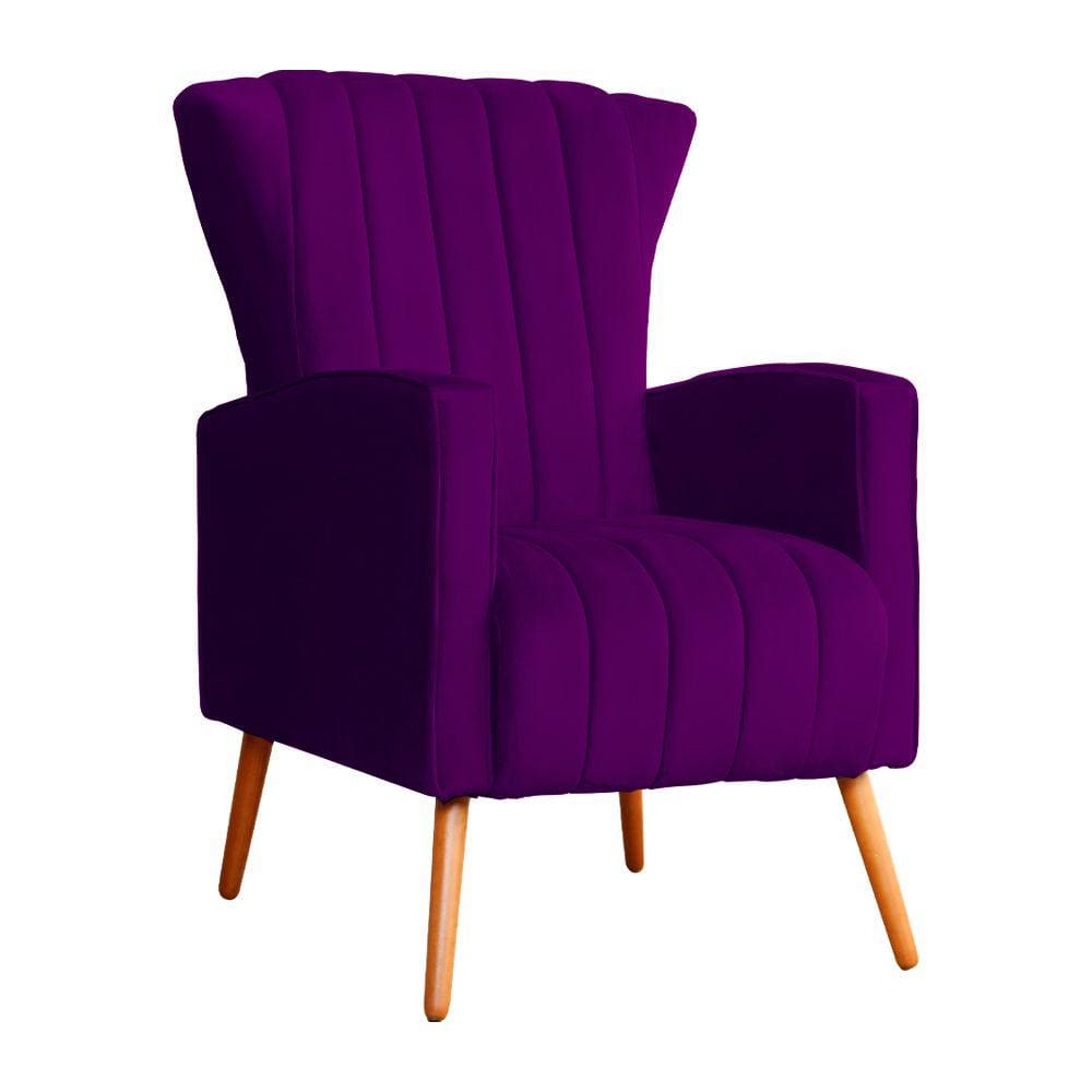 Poltrona Decorativa Melinda Veludo Roxo Pés Madeira Mz Decor