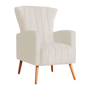 Poltrona Decorativa Melinda Linho Bege Pés Madeira Mz Decor